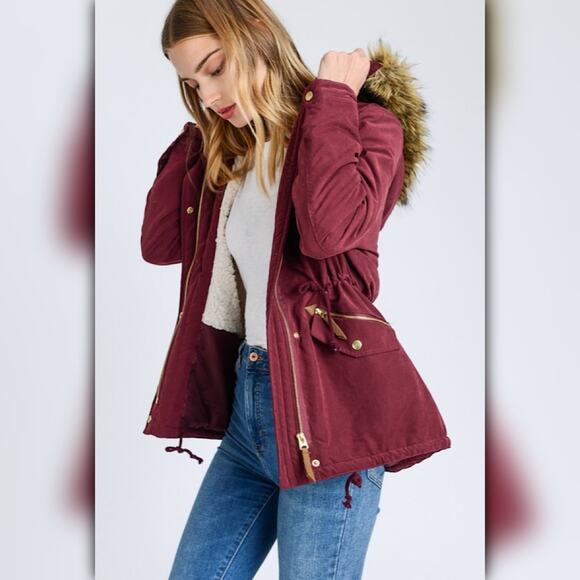 A232 • Wine Faux Fur Hooded Sherpa-Lined Utility Parka Jacket - Picture 1 of 6